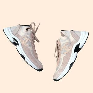 Chanel Knit Fabric Suede CC Sneakers Pink